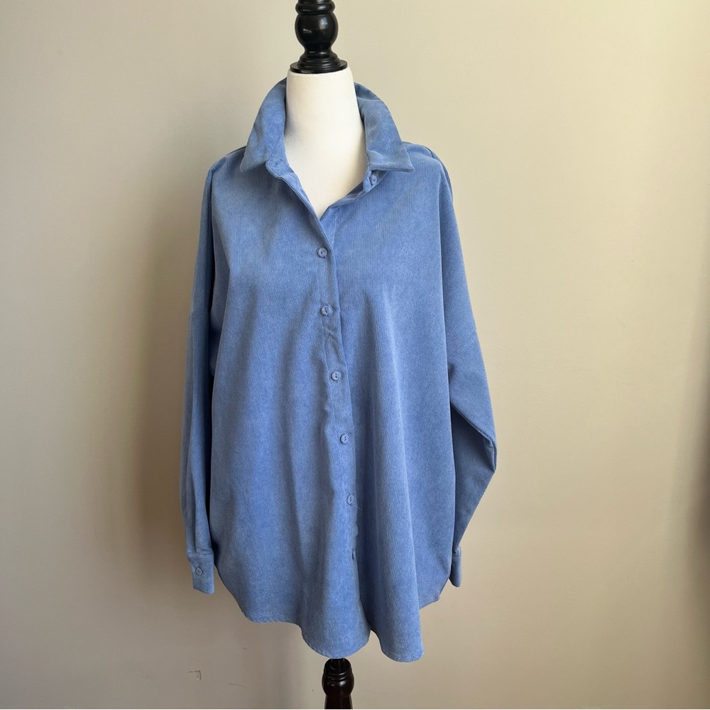 Zara Blue Corduroy Oversized Button Down Shirt Long Sleeve Size L NWT